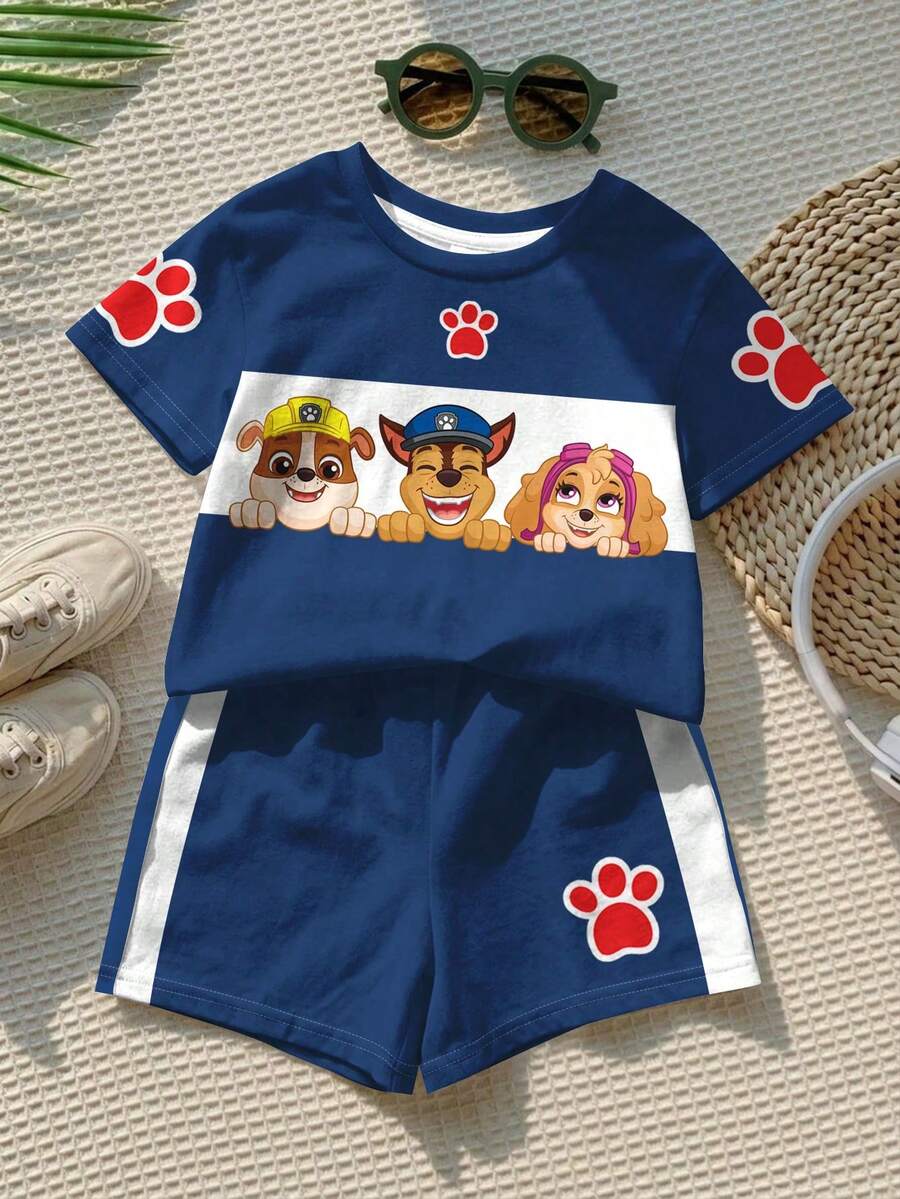 SHEIN | PAW Patrol 男嬰休閒簡約T恤套裝,適合夏季,撞色圖案印花,可愛小狗爪印,經典可愛勇敢卡通圖案印花,Chase、Rubble、小狗小隊圖案印花 - 彩色 - 查看 1