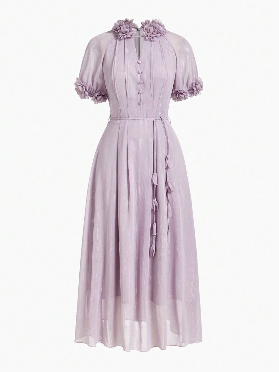 MOTF PREMIUM SOLID COLOR MIDI DRESS WITH 3D FLORAL DECOR, ELEGANT & GRACEFUL - Grey - View 2