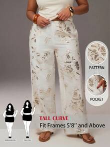 SHEIN Tall CURVE 大尺碼女款刺繡亮片設計直筒寬鬆優雅長褲 - 白色 - 查看 2