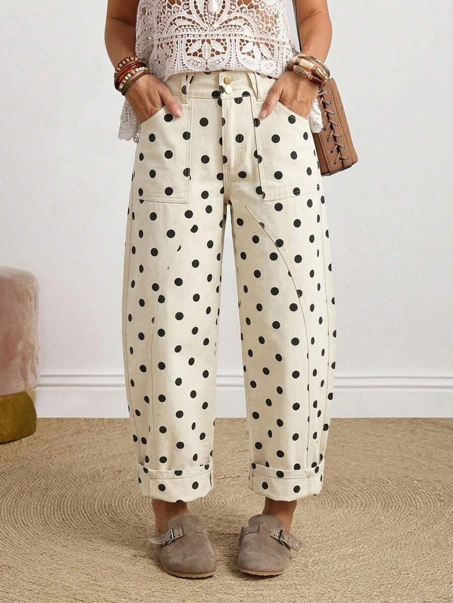 SHEIN Tall 女款波點印花喇叭褲,適合高個女性 - 彩色 - 查看 1