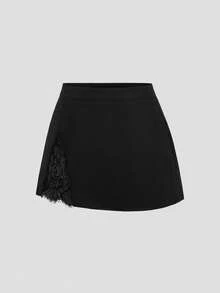 Sweetra Women's Elegant Sexy Lace Patchwork Slit Mini Skirt For Commuting - Black - View 3