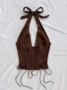 Soleia (No Chest Padding)Plus Size Women's Brown Suede V-Neck Camisole,Summer Western Night Holiday Backless Tie-Up Top For Vacation. - Brown - View 4