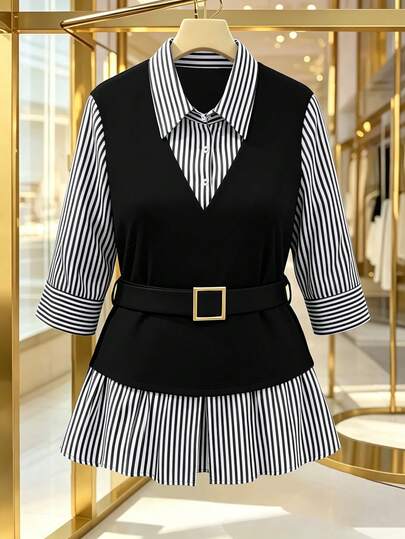 GlowEve CURVE Áo sơ mi nữ size lớn họa tiết kẻ sọc phối patchwork 2 trong 1, phong cách thường ngày đa năng cho đi chơi hàng ngày