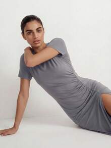 Ocili Studio Women's Spring/Summer Basic Casual Minimalist Ruched Side Slit Design Grey Knit Dress, Loungewear - Dark Grey - View 4