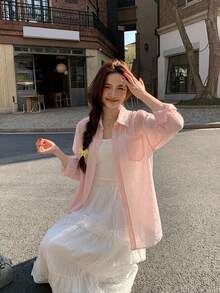 DAZY 女款純色落肩長袖單排扣休閒口袋襯衫 - 粉色 - 查看 6