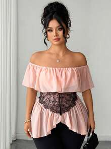 SHEIN Clasi Women's Ruffle Ruffle Lace Patchwork Asymmetrical Hem Chiffon Flowy Blouse For Vacation, Date Going Out And Party Red Summer Elegant Celestial - Dusty Pink - View 6