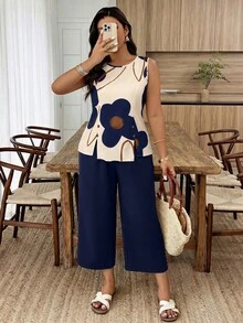 Weeklong 杏色波西米亞印花無袖高腰A字褲套裝兩件式女裝，波西米亞度假休閒大尺碼女套裝 - 彩色 - 查看 6
