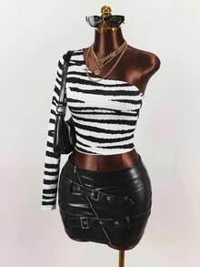 Mistrie Summer One-Shoulder Long Sleeve Zebra Print Cropped Fitted Top - Multicolor - View 7