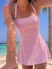 SHEIN MOD 女款條紋掛脖綁帶休閒派對洋裝 - 粉色 - 查看 4