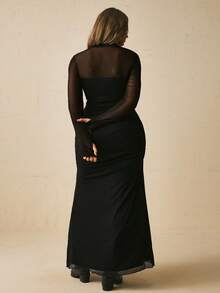 Freevana Plus Size Women's Stand Collar Mesh Patchwork Casual Daily Wear Dress Fall - Black - View 3