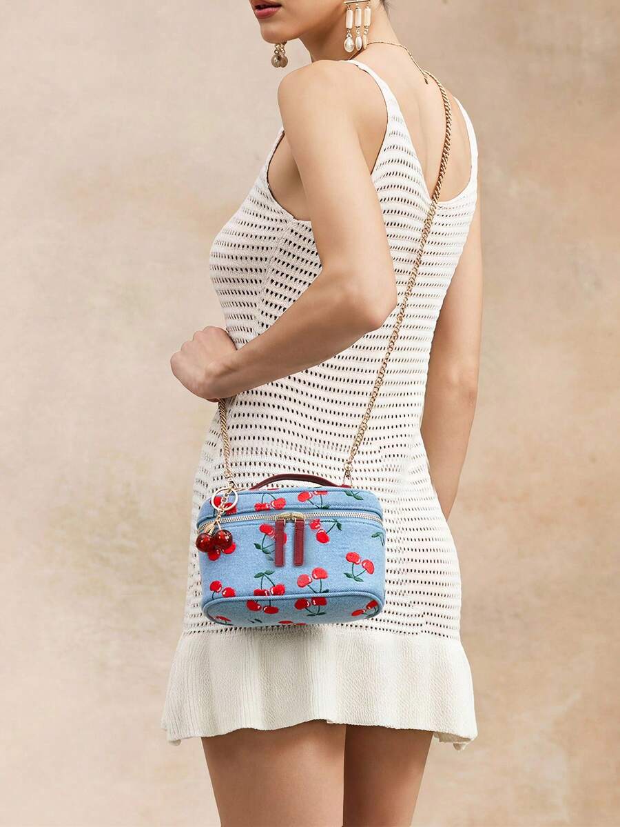 Viva Strut Ladies, Women Cherry Embroidery Cherry Pendant Top Handle Bag, Crossbody Bag, Fashionable, Personalized, Simple, Versatile, Street, Sweet And Cool Girls, Hot Girls, Y2k, For Date, Daily, Shopping, Party, Prom, Club, Date, Birthday, Evening, Date Nigh - denim blue - View 1