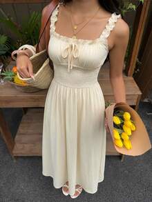 SHEIN EZwear Summer Home Workout Casual Frill Trim Front Tie Sleeveless Dress - Apricot - View 4
