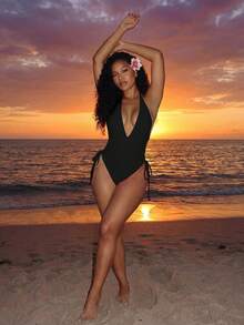 SHEIN Swim 女款性感抽繩繫帶連身泳衣，適合海灘度假 - 黑色 - 查看 5