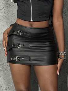 Jeanoix Y2K Goth Women's Sexy Buckle PU Material Bodycon Mini Skirt Night Plain Black Autumn - Black - View 3