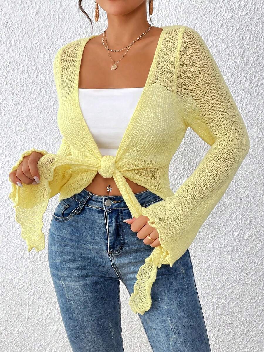 SHEIN VCAY 女款休閒百搭純色前綁帶開襟衫 - 黃色 - 查看 1