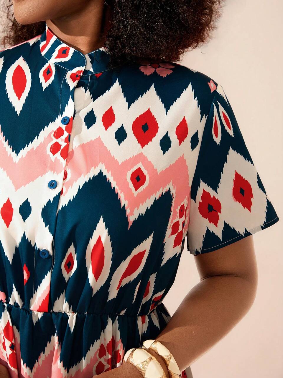 Women's Plus Size Geometric Print Short Sleeve Dress Summer Outfits  Abstract Bright Geometric Print Shirt Collar Dress