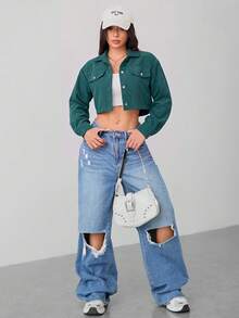 SHEIN PETITE Spring Outfits Drop Shoulder Flap Detail Crop Corduroy Black Jacket In Fall/Winter - Green - View 5