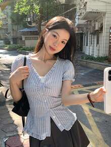 DAZY 女款荷葉邊條紋無袖上衣，清新甜美夏季風格 - 淺藍色 - 查看 4