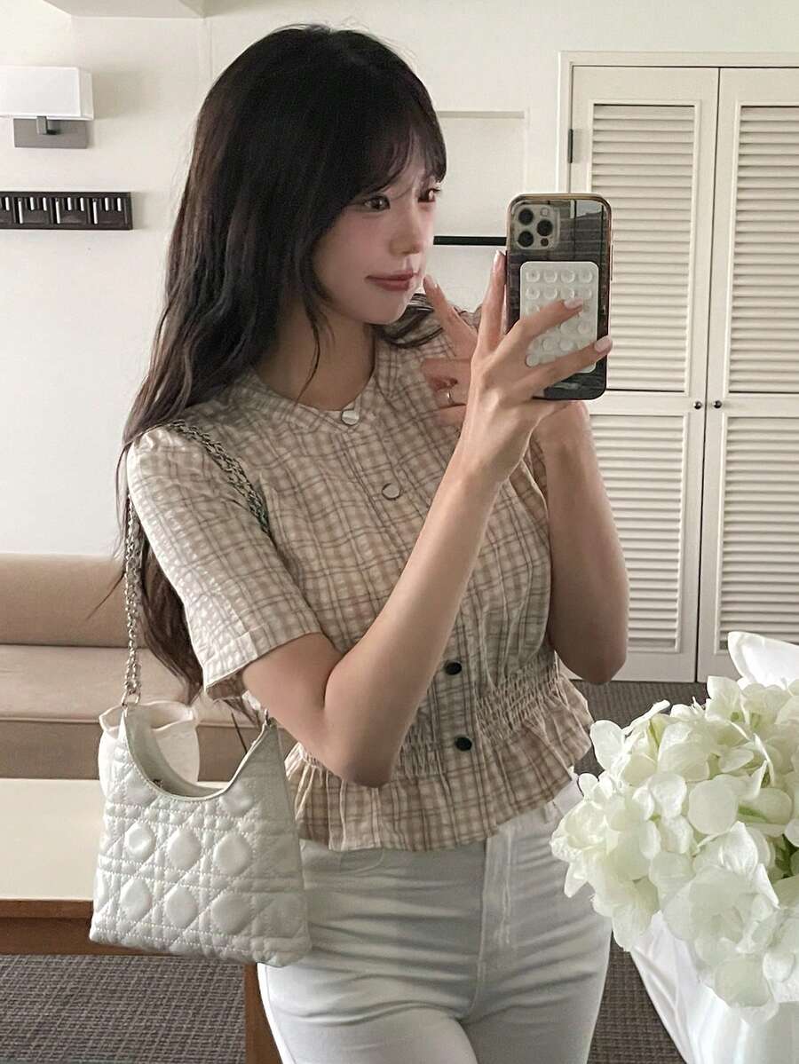 DAZY Women's Korean Style Fitted Elegant Summer Denim Top - Khaki - View 1