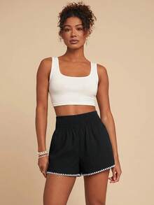 Travachic Elegant Boho Casual Minimalist Contrast Trim High Waist Shorts Beach Black And White Striped Summer - Black - View 5