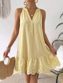 Coeurva Women's Pale Yellow Sweet French Style Button Half-Placket Lace Patchwork A Hem Dress, Elegant Boho Holiday Beach Brunch Vacation Outfits, Summer - Yellow - View 1