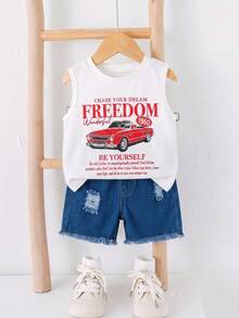 SHEIN 2件組男嬰夏季休閒街頭風汽車印花背心 & 牛仔短褲套裝 - 彩色 - 查看 4