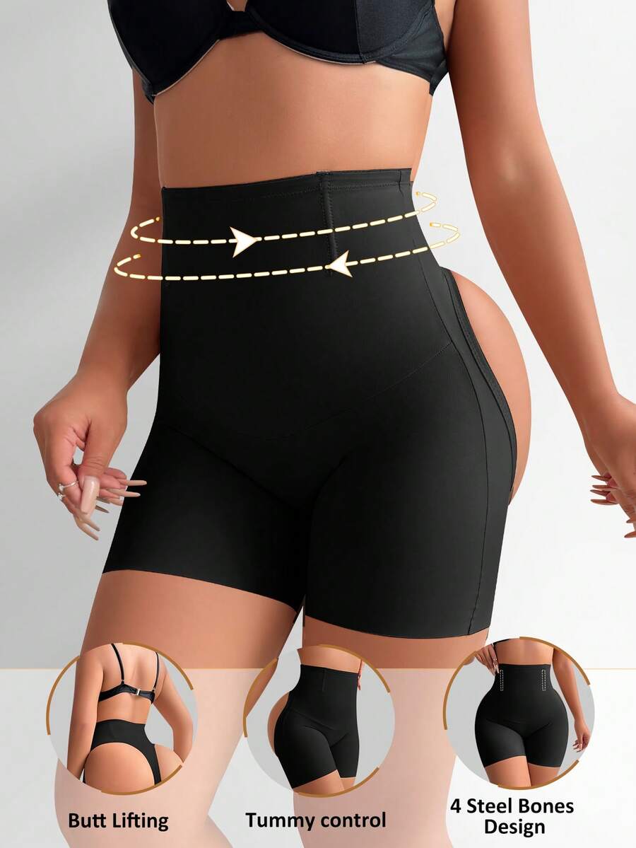 SHEIN Calzoncillos tipo bóxer de cintura alta con control de abdomen y moldeado para mujer, unicolor - Negro - Ver 1