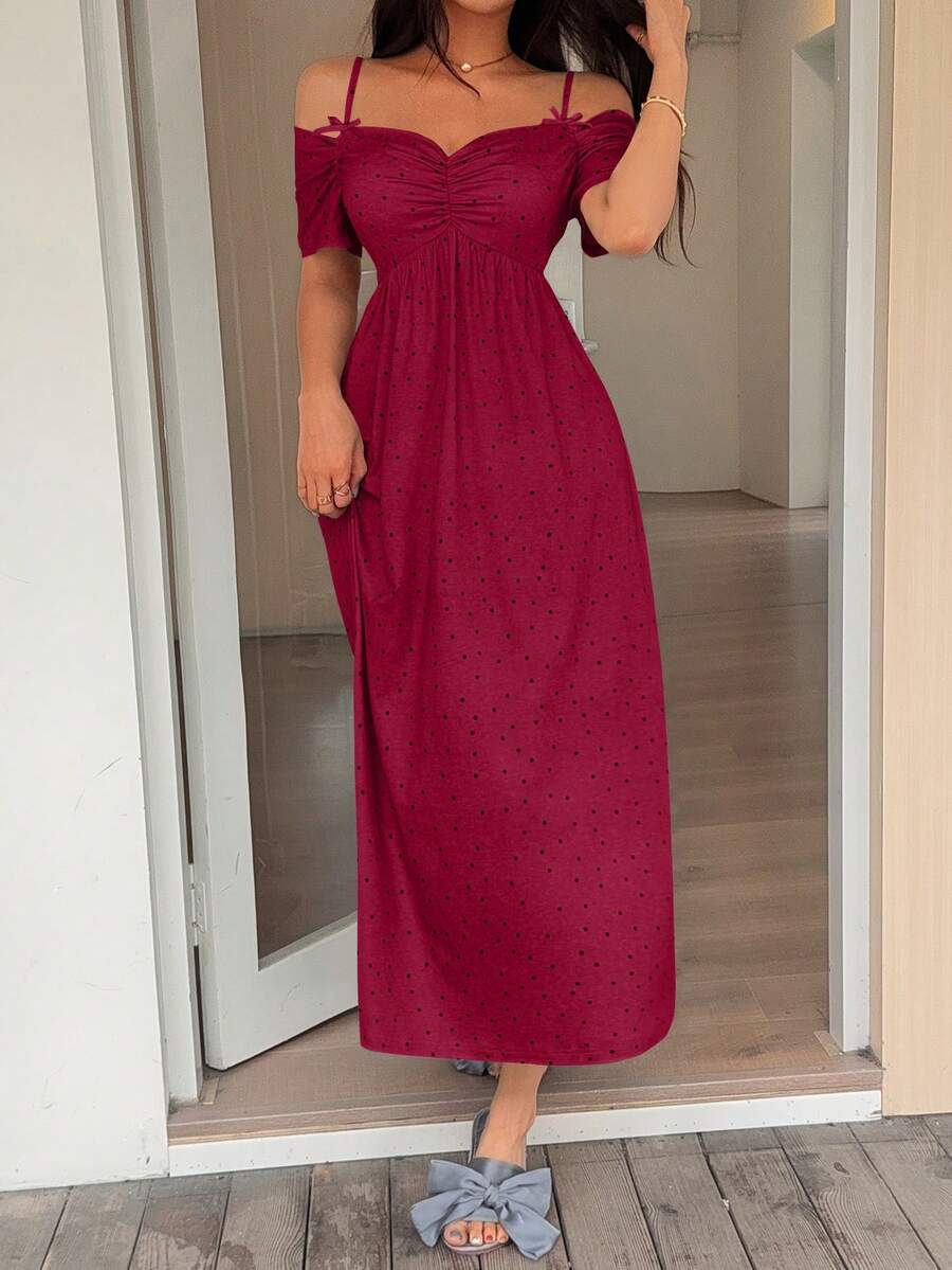 Dream Adore Women's Cute Classy Elegant Off-Shoulder Bowknot Strap Nightgown Sleep Home Black Polka Dot Summer - Red - View 1