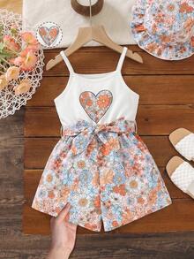 SHEIN Young Girl Floral & Heart Print Belted Cami Romper & Hat - Multicolor - View 4