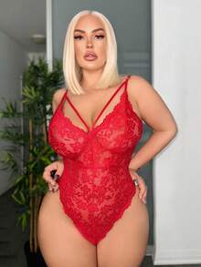 SHEIN SXY 大尺碼女裝時尚純色蕾絲連身衣 - 紅色 - 查看 3