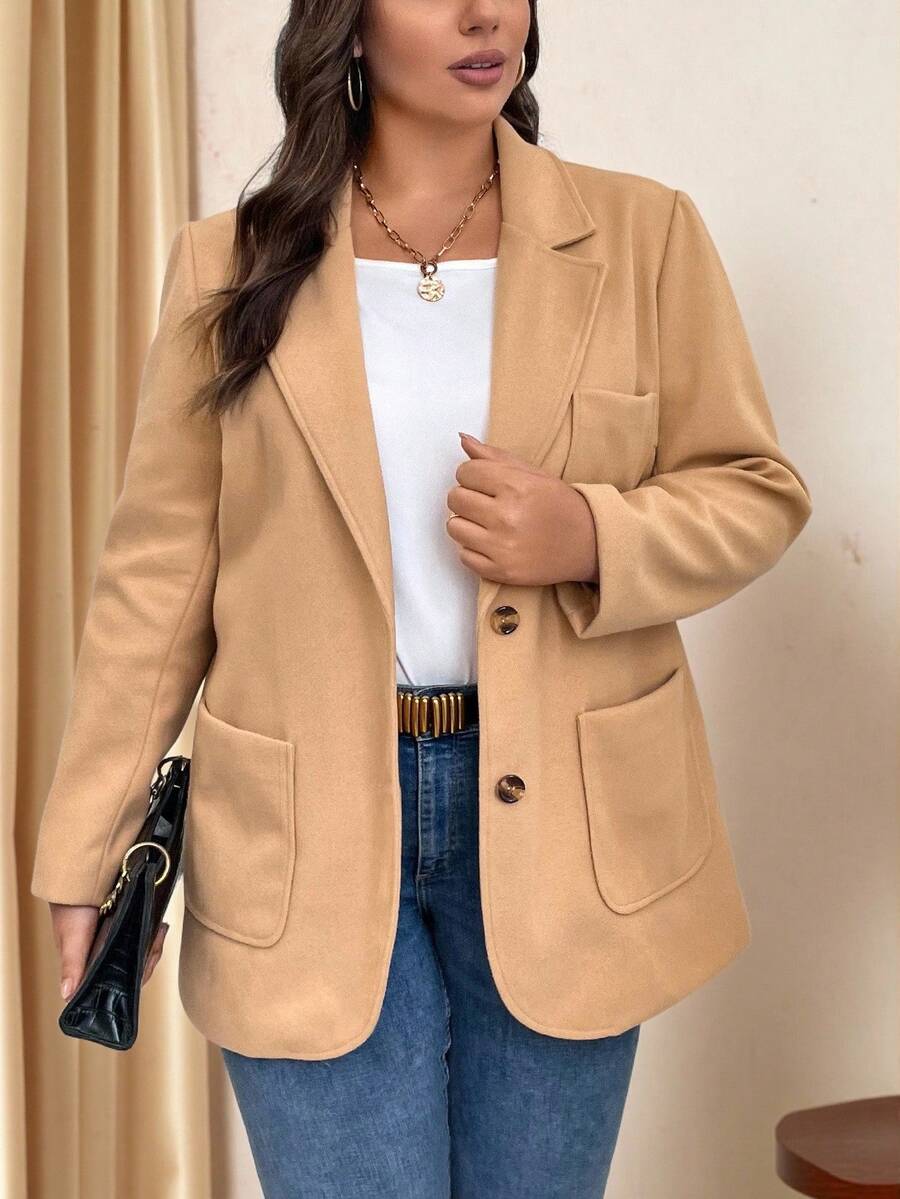 Comfylo Talla grande Abrigo de cuello con solapa con parche de bolsillo - Camel - Ver 1