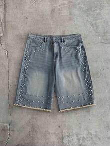 AXEPEAK Men's Black Washed Rhinestone StuddedBermuda Shorts - Medium Wash - View 2