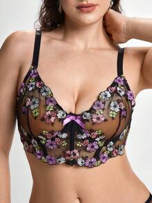 Slumbrini 2 件大码女式撞色刺绣性感内衣套装 - 黑色 - 查看 5