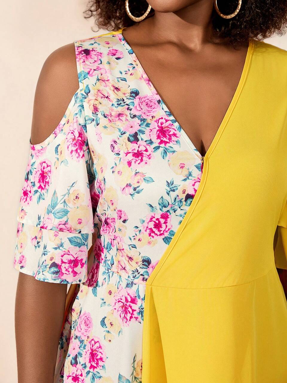Plus Size Sunflower Print Patchwork V-Neck Off-Shoulder Summer Dress Vacation Outfits For Women Beach Going Out Holiday