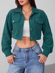 SHEIN PETITE Spring Outfits Drop Shoulder Flap Detail Crop Corduroy Black Jacket In Fall/Winter - Green - View 4