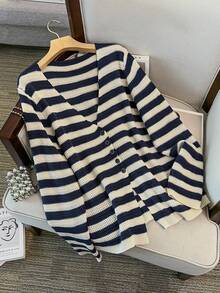 GlowEve CURVE Plus Size Casual Striped V-Neck Long Sleeve Button-Up Cardigan - Blue - View 3