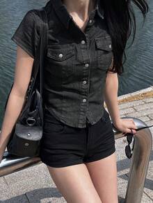 DAZY 女款短袖單排扣休閒口袋牛仔襯衫 夏季 - 黑色 - 查看 2