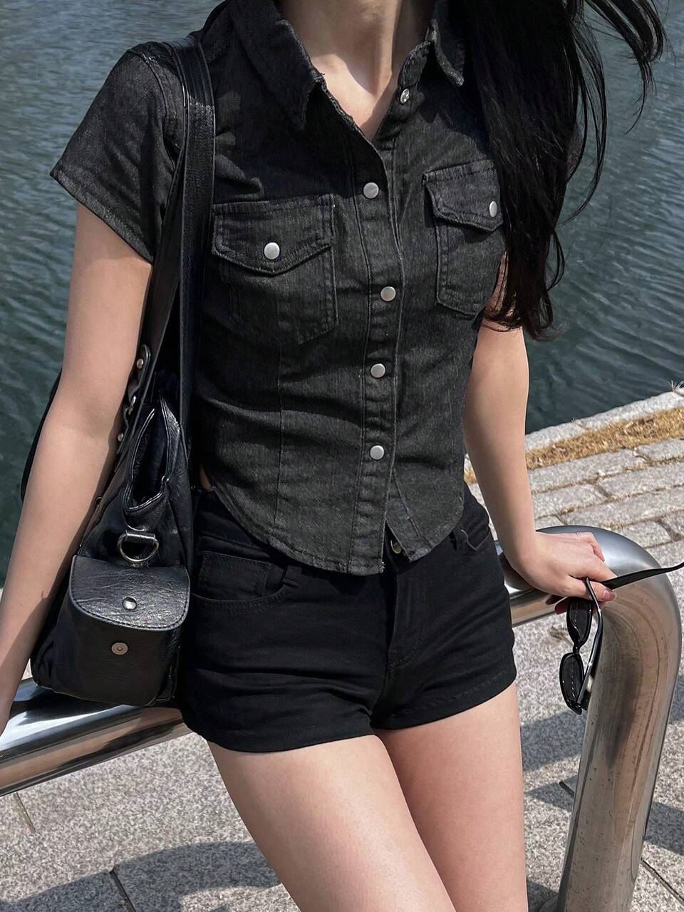 Women's Short Sleeve Single-Breasted Casual Pocket Denim Shirt Summer