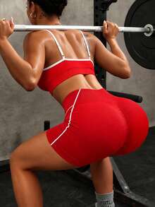 Slayform Women's Colorblock Pleated Cropped Camisole And Shorts Sports Set - Red - View 2