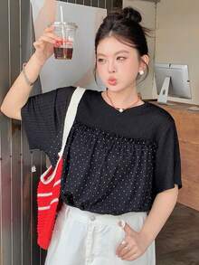 Dazy Plus 純色拼接波點寬鬆短袖休閒學院風可愛黑色春夏T恤 - 黑色 - 查看 7