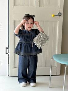DAZY Set Denim Kasual Gaya Korea Leher Bulat untuk Bayi/Balita (Perempuan) - Medium Wash - View 6