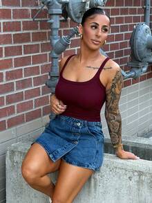 SAYEHFBABY Women's Summer Casual Front Button Wrap Denim Skorts - Dark Wash - View 6