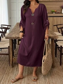 Weeklong Plus Size Casual Vacation Button Decor Dress - Maroon - View 5