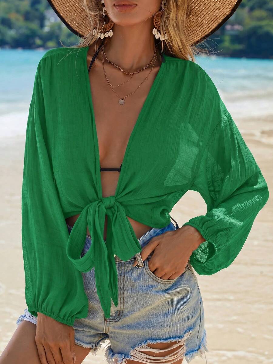 Swim Vcay 女款純色休閒度假海灘和服式罩衫 - 綠色 - 查看 1