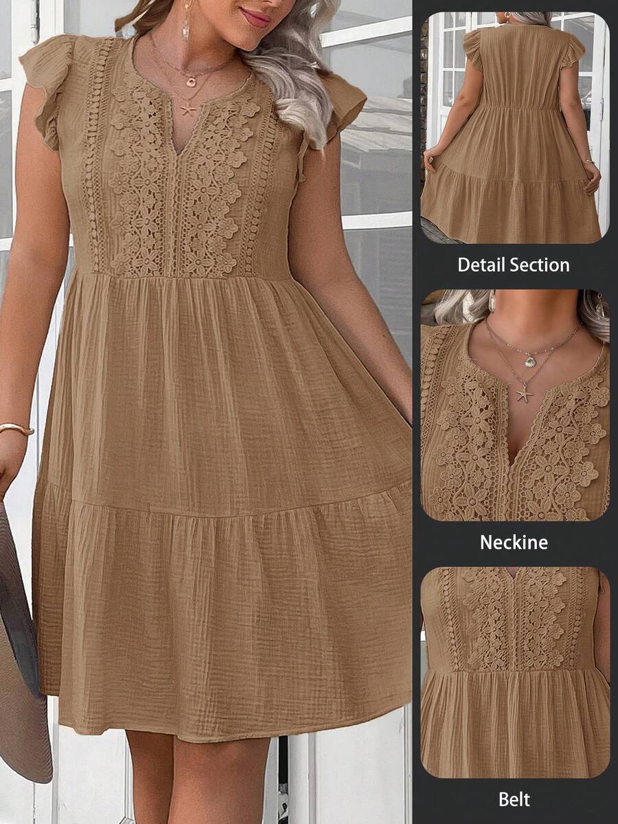 SHEIN LUNE Plus Size Summer Casual Solid Color Lace Patchwork Dress - Brown - View 1