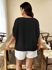 Weeklong Blusa casual holgada para mujer talla grande, primavera/verano, cuello redondo, mangas conectadas con fruncido y Body fruncido - Negro - Ver 2