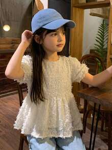 DAZY Round Neck Textured Short Sleeve Design Waist-Cinching Blouse For Young Girls - Beige - View 7