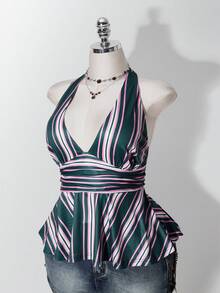 SHEIN ICON 女款大尺碼粉綠條紋掛脖上衣 - 彩色 - 查看 4
