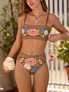 Swim Vcay 夏季海灘優雅女款印花抹胸上衣與印花泳褲套裝 - 彩色 - 查看 5