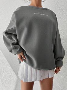 SHEIN Cottnline Sudadera Holgada Con Hombros Caídos Y Estampado De Eslogan - Gris - Ver 5